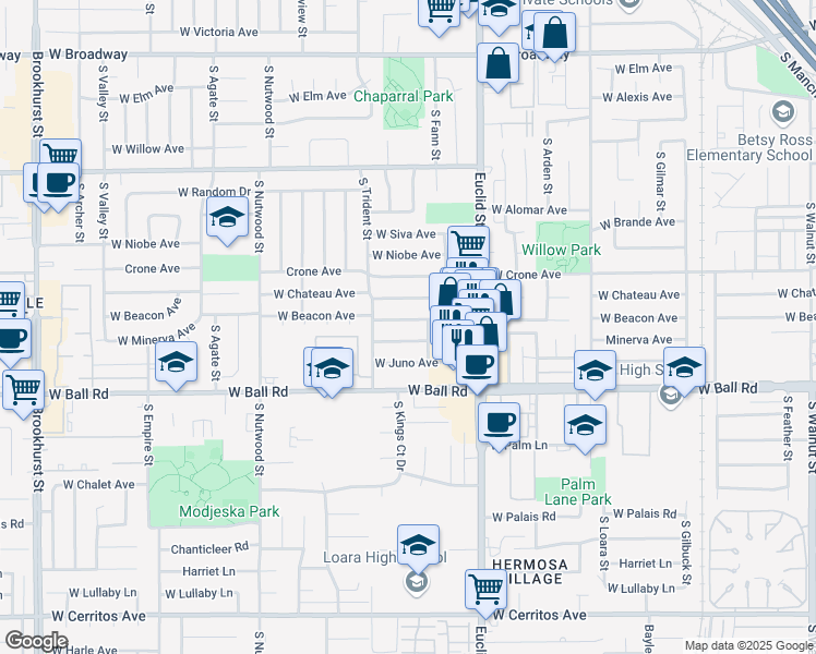 map of restaurants, bars, coffee shops, grocery stores, and more near 1762 West Beacon Avenue in Anaheim