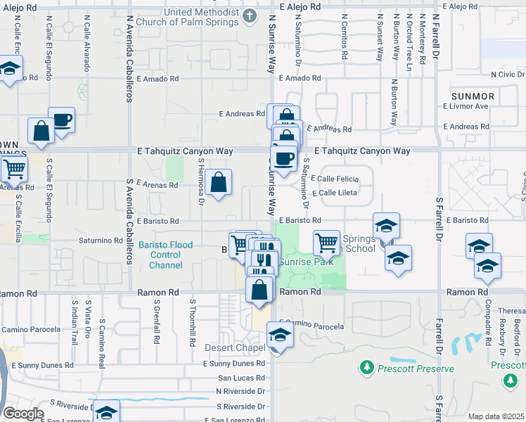 map of restaurants, bars, coffee shops, grocery stores, and more near 1532 East Baristo Road in Palm Springs