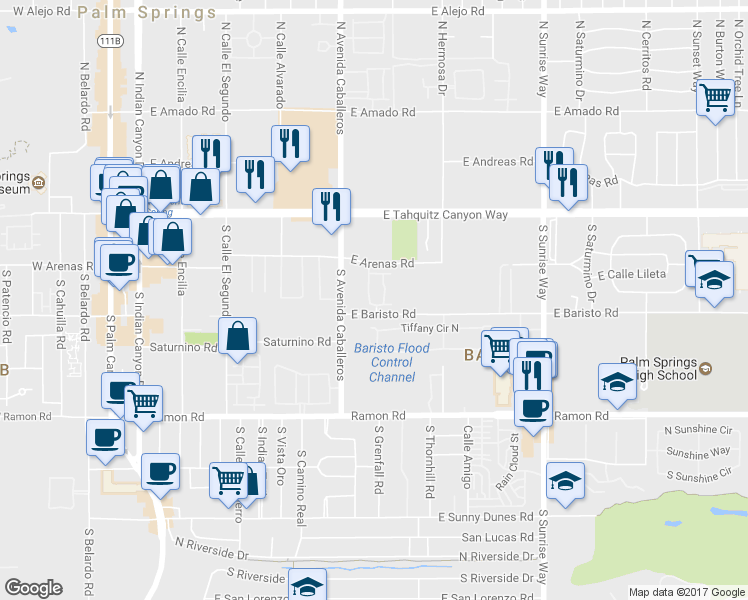 map of restaurants, bars, coffee shops, grocery stores, and more near 214 Villorrio Drive North in Palm Springs