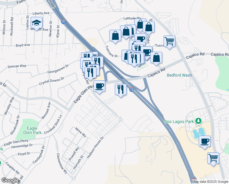 map of restaurants, bars, coffee shops, grocery stores, and more near Cajalco Road in Corona