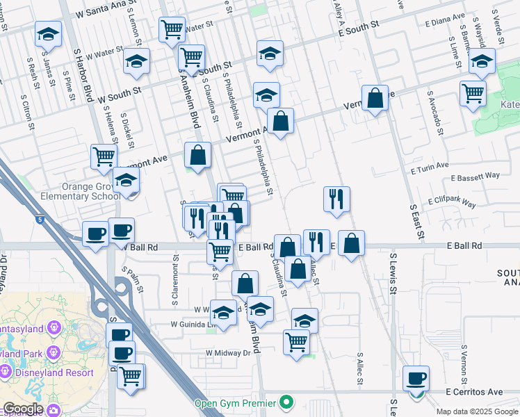 map of restaurants, bars, coffee shops, grocery stores, and more near 229 East Clifton Avenue in Anaheim