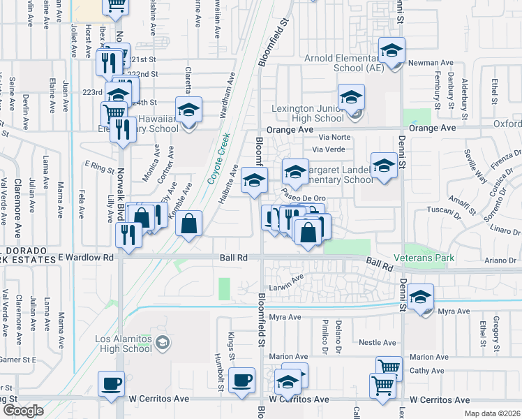 map of restaurants, bars, coffee shops, grocery stores, and more near 9470 Holder Street in Cypress