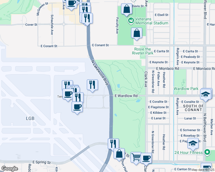 map of restaurants, bars, coffee shops, grocery stores, and more near 3501 N Lakewood Blvd in Long Beach