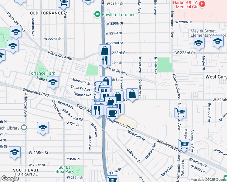 map of restaurants, bars, coffee shops, grocery stores, and more near 1647 West 227th Street in Torrance