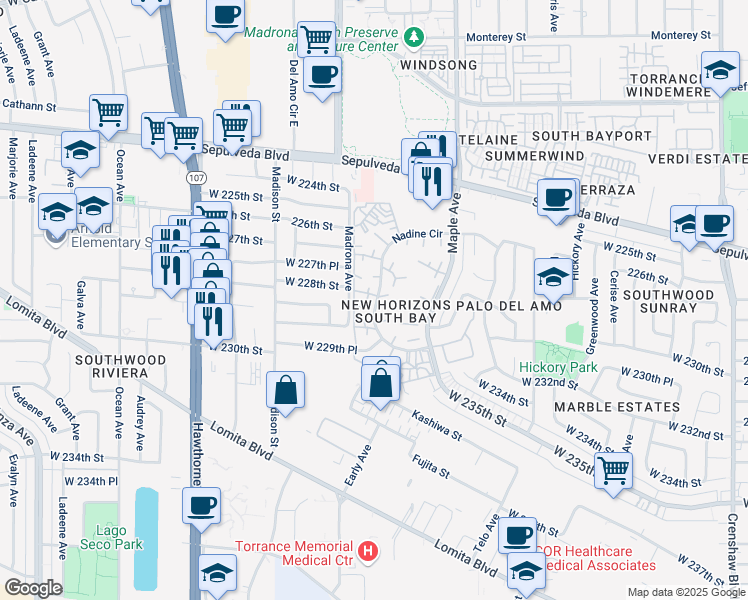 map of restaurants, bars, coffee shops, grocery stores, and more near 411 Madrona Avenue in Torrance