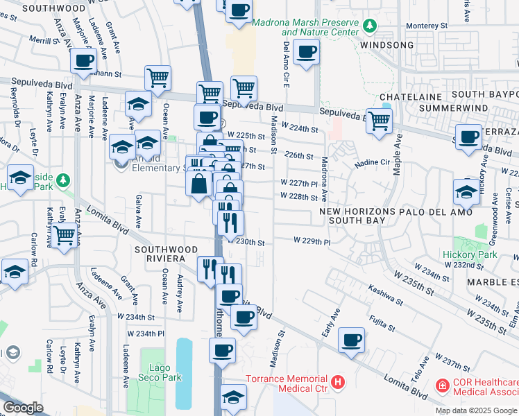 map of restaurants, bars, coffee shops, grocery stores, and more near 3601-3699 West 228th Street in Torrance