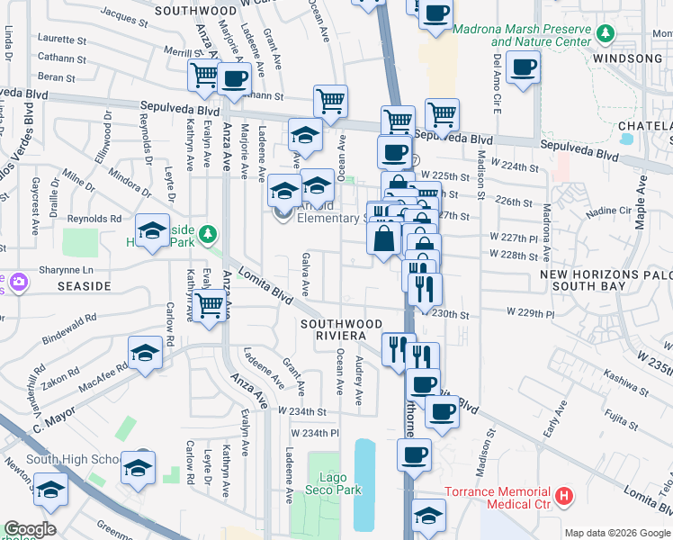 map of restaurants, bars, coffee shops, grocery stores, and more near 3904 West 228th Place in Torrance