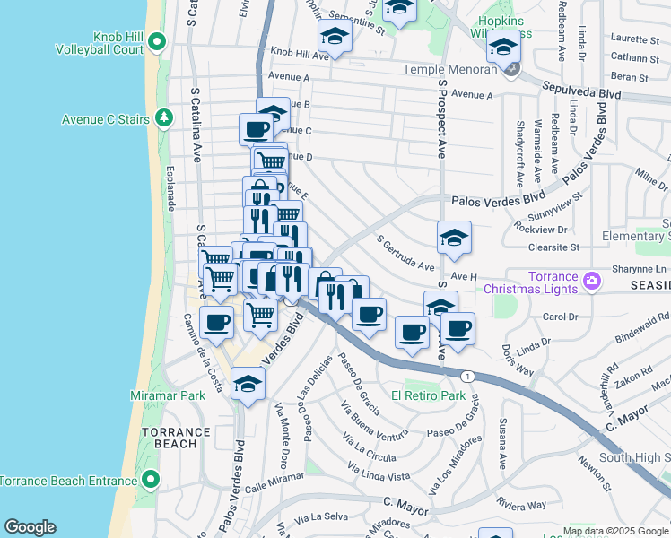 map of restaurants, bars, coffee shops, grocery stores, and more near 403 Avenue F in Redondo Beach