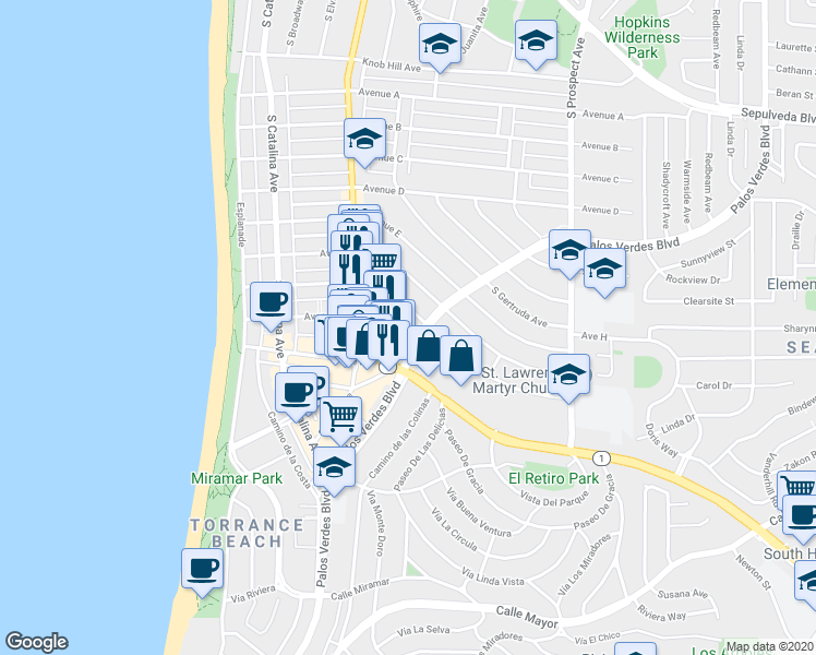 map of restaurants, bars, coffee shops, grocery stores, and more near 331 Avenue G in Redondo Beach