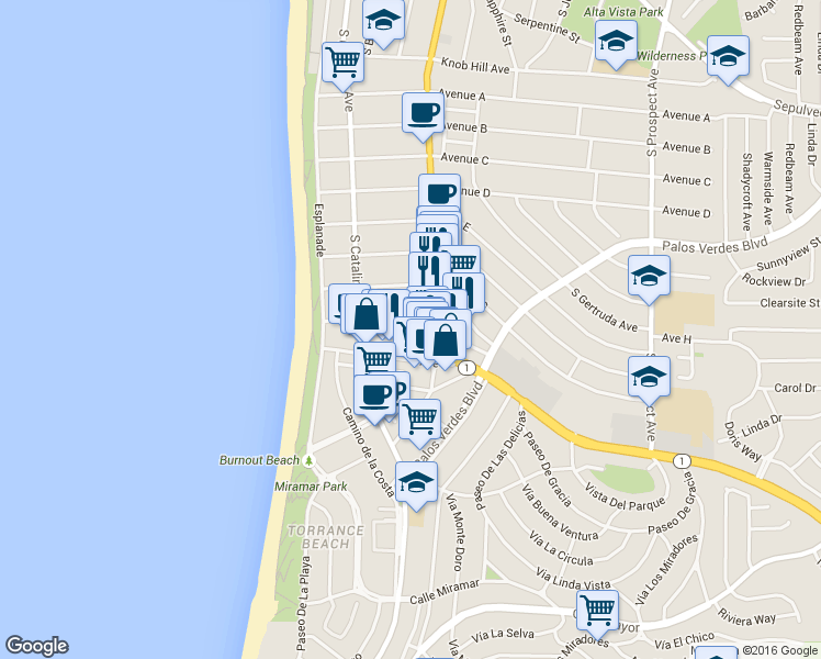 map of restaurants, bars, coffee shops, grocery stores, and more near 231 Avenue H in Redondo Beach