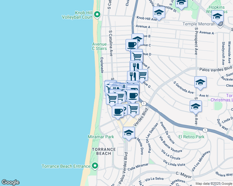 map of restaurants, bars, coffee shops, grocery stores, and more near 205 Avenue H in Redondo Beach