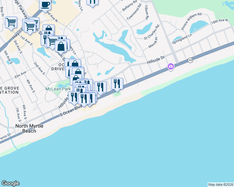 map of restaurants, bars, coffee shops, grocery stores, and more near in North Myrtle Beach