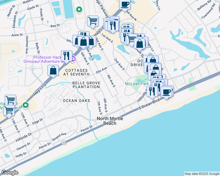 map of restaurants, bars, coffee shops, grocery stores, and more near in North Myrtle Beach