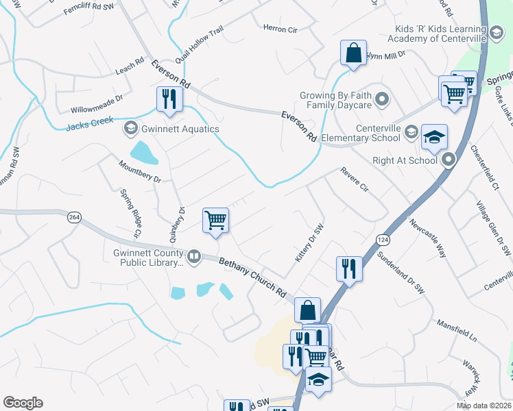 map of restaurants, bars, coffee shops, grocery stores, and more near 3582 Kittery Drive Southwest in Snellville