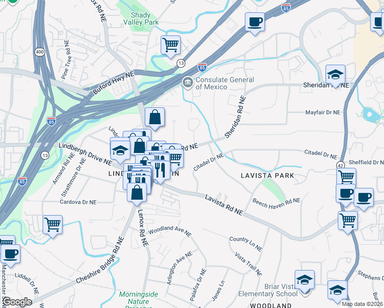 map of restaurants, bars, coffee shops, grocery stores, and more near 1208 Sheridan Road Northeast in Atlanta
