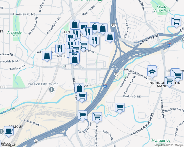 map of restaurants, bars, coffee shops, grocery stores, and more near 2399-2301 East Lindmont Court Northeast in Atlanta