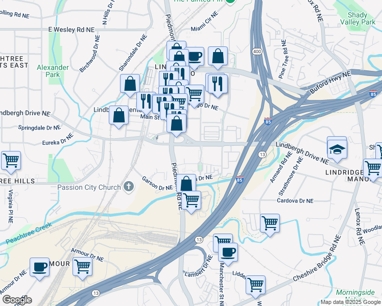 map of restaurants, bars, coffee shops, grocery stores, and more near 2400 Parkland Drive Northeast in Atlanta