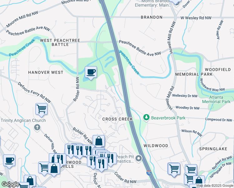 map of restaurants, bars, coffee shops, grocery stores, and more near 53 Monet Court Northwest in Atlanta