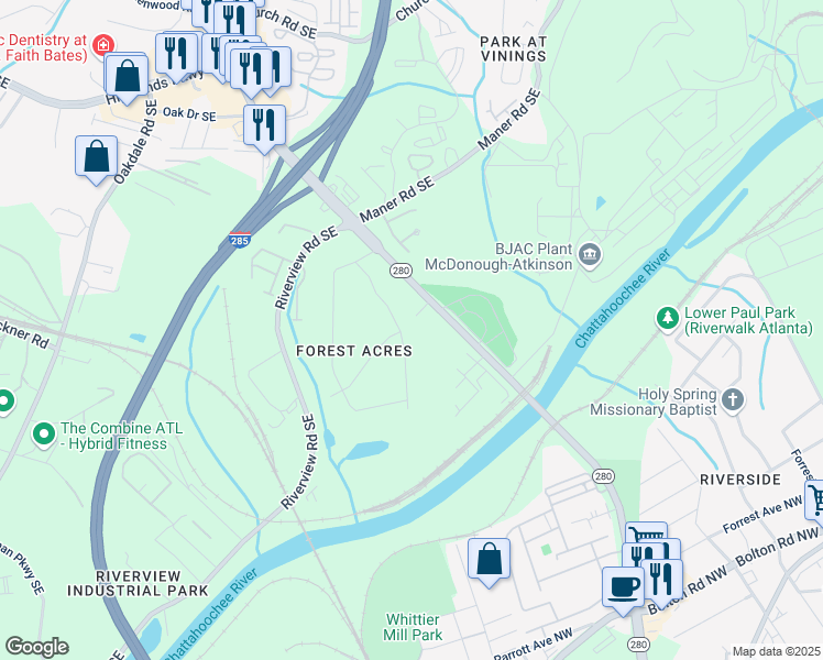 map of restaurants, bars, coffee shops, grocery stores, and more near 2436 Elmwood Circle Southeast in Smyrna