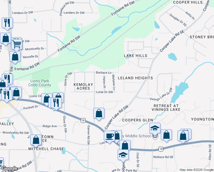 map of restaurants, bars, coffee shops, grocery stores, and more near 5493 Helen Place in Mableton
