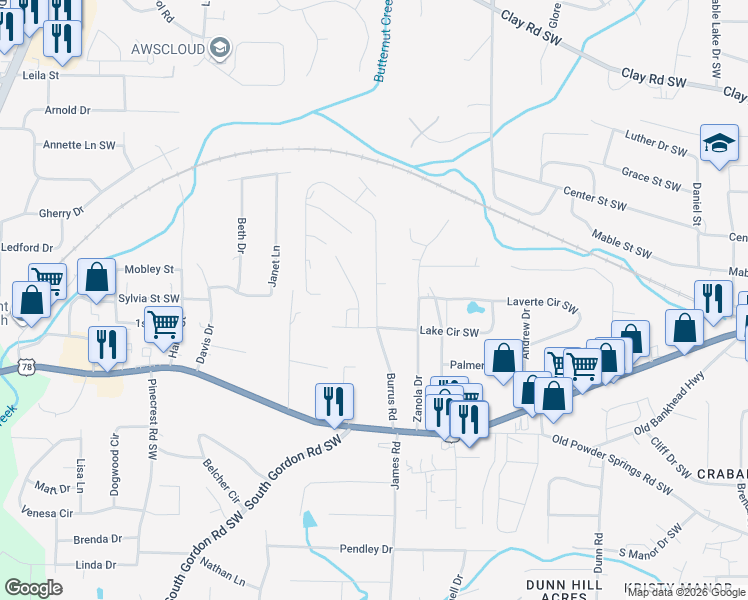 map of restaurants, bars, coffee shops, grocery stores, and more near 5500 Burrus Lane in Mableton