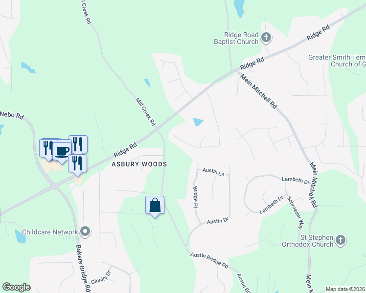 map of restaurants, bars, coffee shops, grocery stores, and more near 465 Ridge Run Drive in Hiram
