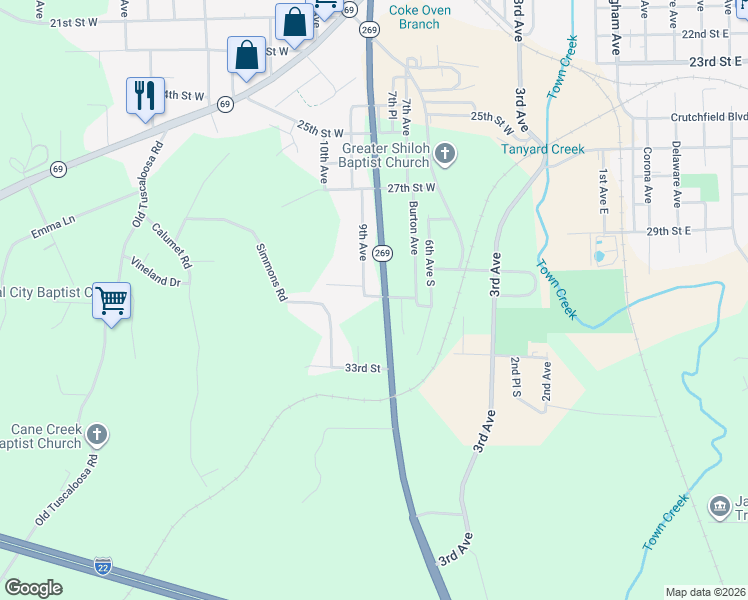 map of restaurants, bars, coffee shops, grocery stores, and more near 2900-2910 Alabama 269 in Jasper