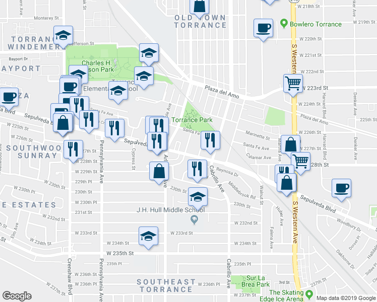 map of restaurants, bars, coffee shops, grocery stores, and more near 2760 Gramercy Avenue in Torrance