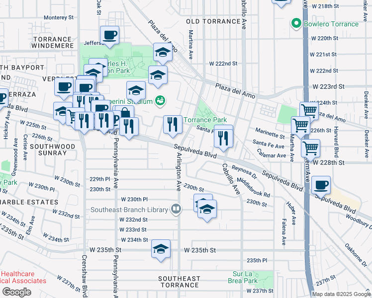 map of restaurants, bars, coffee shops, grocery stores, and more near 2185 W Sepulveda Blvd in Torrance