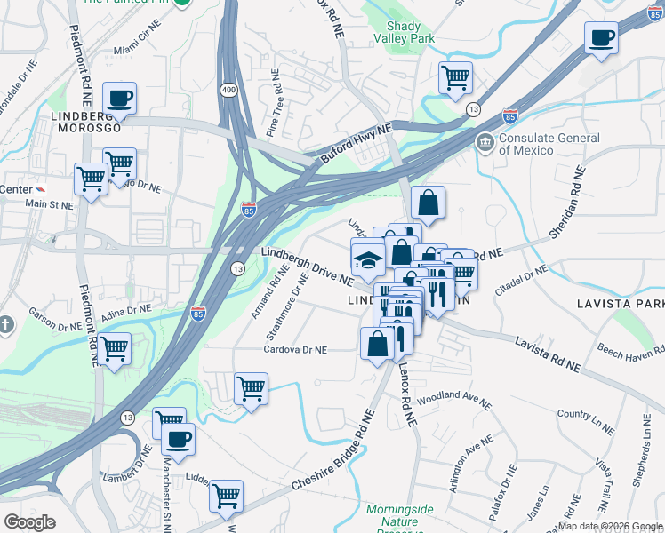 map of restaurants, bars, coffee shops, grocery stores, and more near 977 Lindridge Way Northeast in Atlanta