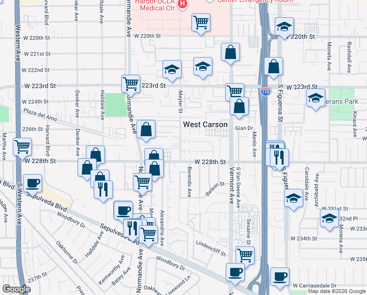 map of restaurants, bars, coffee shops, grocery stores, and more near 22714 Meyler Street in Torrance