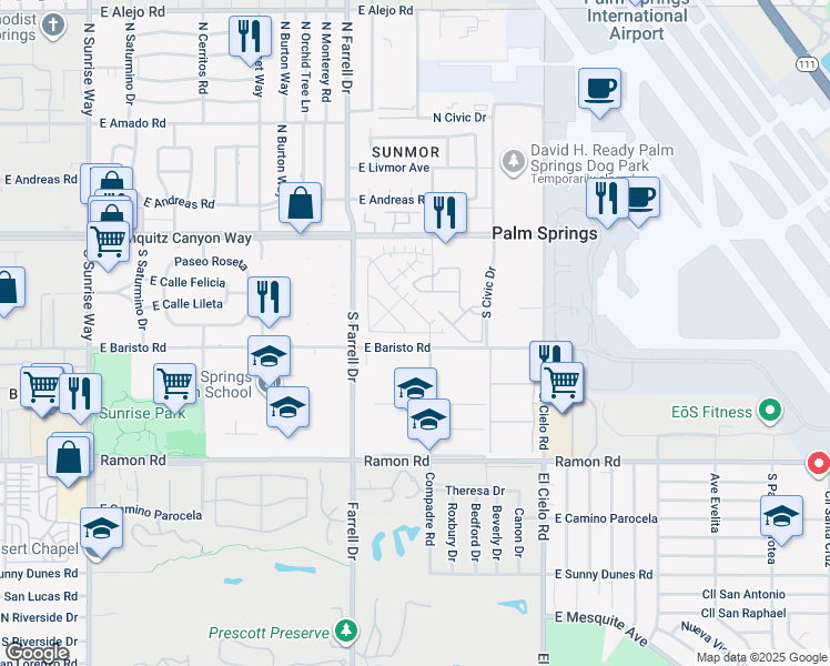 map of restaurants, bars, coffee shops, grocery stores, and more near 2759 Mystic Mountain View in Palm Springs