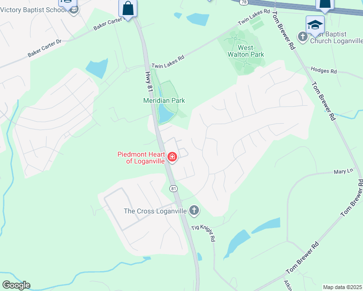 map of restaurants, bars, coffee shops, grocery stores, and more near 233 Tara Commons Walk in Loganville