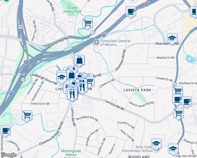 map of restaurants, bars, coffee shops, grocery stores, and more near 1208 Sheridan Road Northeast in Atlanta