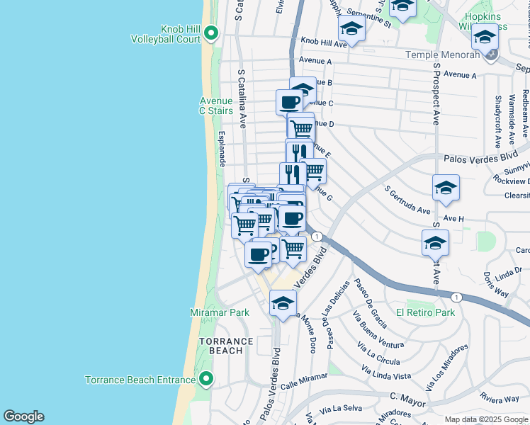 map of restaurants, bars, coffee shops, grocery stores, and more near 205 Avenue H in Redondo Beach