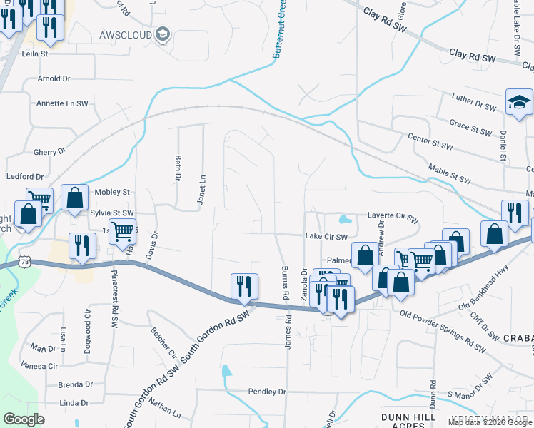 map of restaurants, bars, coffee shops, grocery stores, and more near 5500 Burrus Lane in Mableton