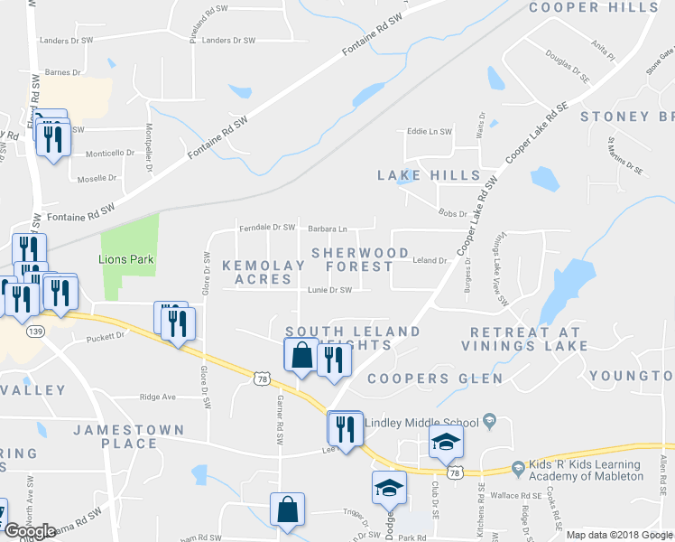 map of restaurants, bars, coffee shops, grocery stores, and more near 5493 Helen Place in Mableton