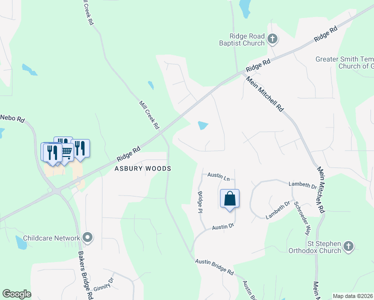 map of restaurants, bars, coffee shops, grocery stores, and more near 465 Ridge Run Drive in Hiram