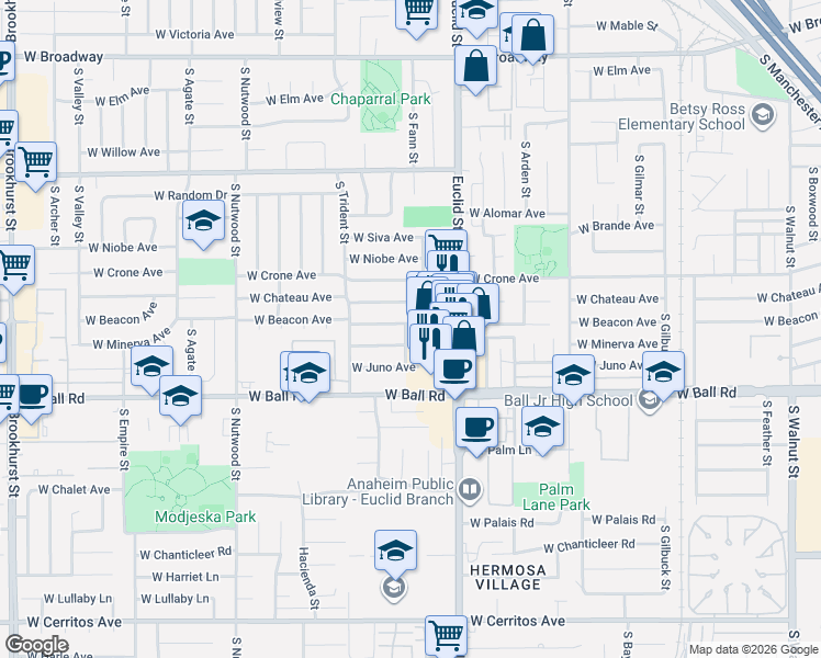 map of restaurants, bars, coffee shops, grocery stores, and more near 1743 West Beacon Avenue in Anaheim