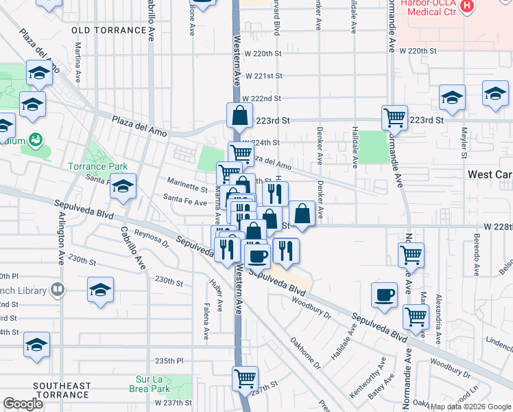 map of restaurants, bars, coffee shops, grocery stores, and more near 1638 West 227th Street in Torrance