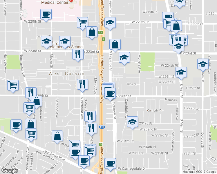 map of restaurants, bars, coffee shops, grocery stores, and more near 22707 South Figueroa Street in Carson