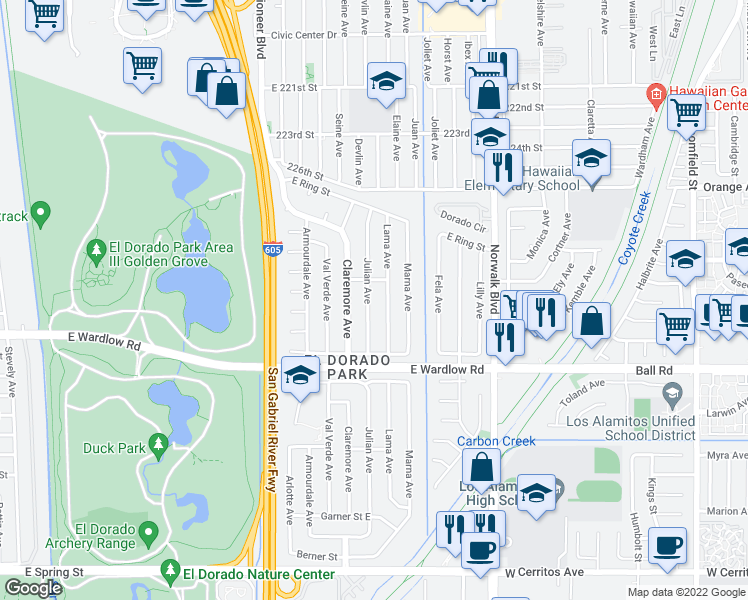 map of restaurants, bars, coffee shops, grocery stores, and more near 3460 Julian Avenue in Long Beach