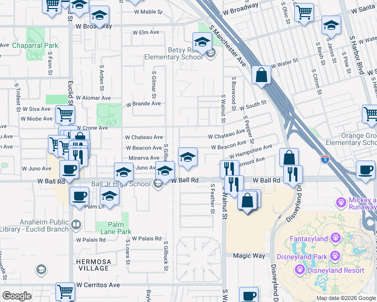 map of restaurants, bars, coffee shops, grocery stores, and more near 1416 West Beacon Avenue in Anaheim