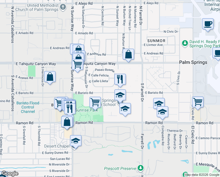 map of restaurants, bars, coffee shops, grocery stores, and more near 2183 East Paseo Gracia in Palm Springs