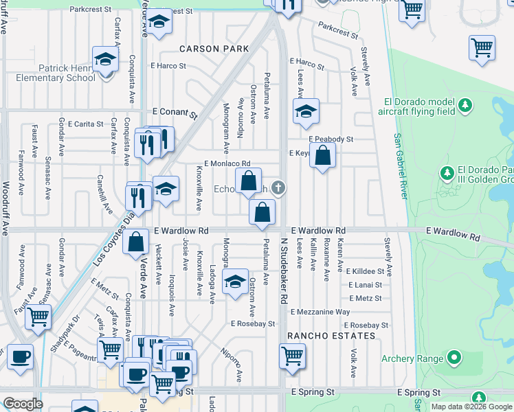 map of restaurants, bars, coffee shops, grocery stores, and more near 6770 East Parapet Street in Long Beach
