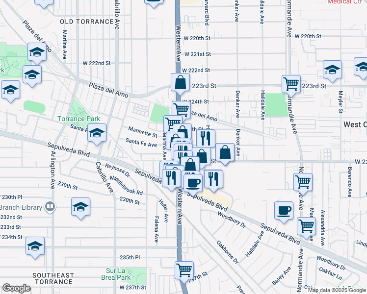 map of restaurants, bars, coffee shops, grocery stores, and more near 22702 South Western Avenue in Torrance
