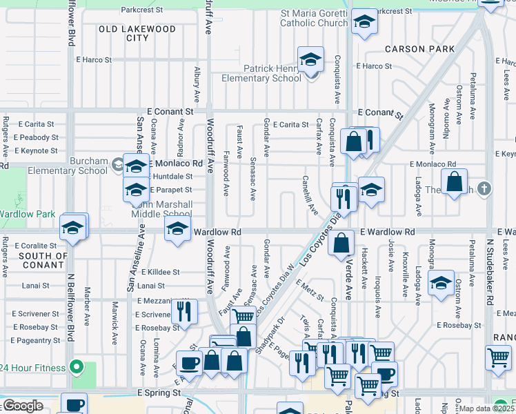 map of restaurants, bars, coffee shops, grocery stores, and more near 3464 Senasac Avenue in Long Beach