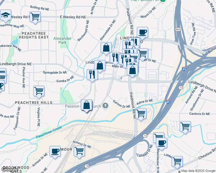 map of restaurants, bars, coffee shops, grocery stores, and more near 488 Lindbergh Place Northeast in Atlanta