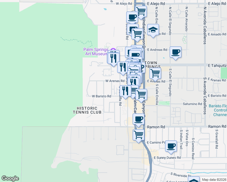 map of restaurants, bars, coffee shops, grocery stores, and more near 226 South Lugo Road in Palm Springs