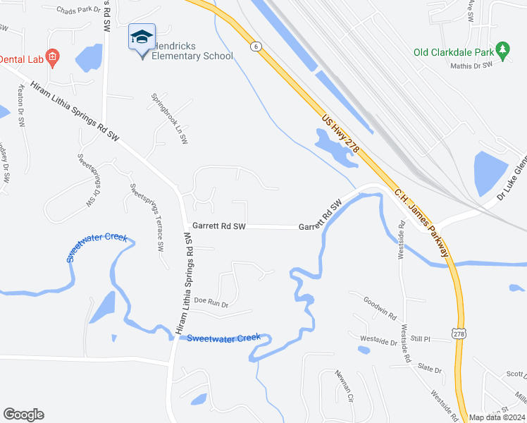 map of restaurants, bars, coffee shops, grocery stores, and more near 3836 Garrett Road Southwest in Powder Springs
